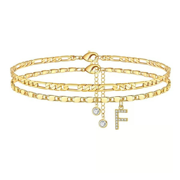 Chaîne de cheville lettres multicouches et réglable | Hypoallergénique, sans nickel ni plomb | Or/argent | 21,5 cm + 5 cm
