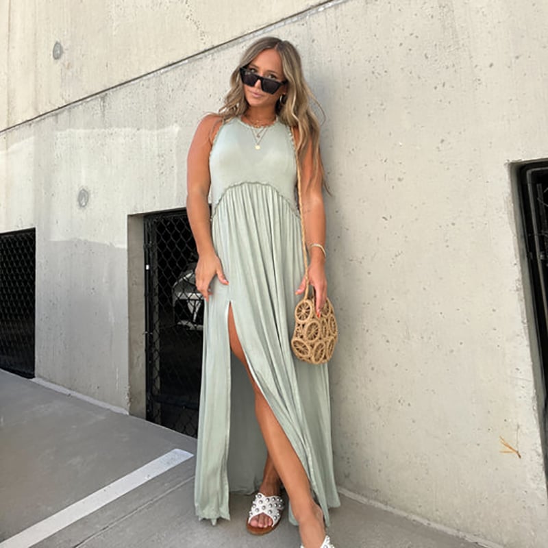 Damen Maxikleid mit Schlitz | luftiges Sommer Tankkleid mit Empire-Taille | Stufenrock &amp; Spitzensaum | locker fallend