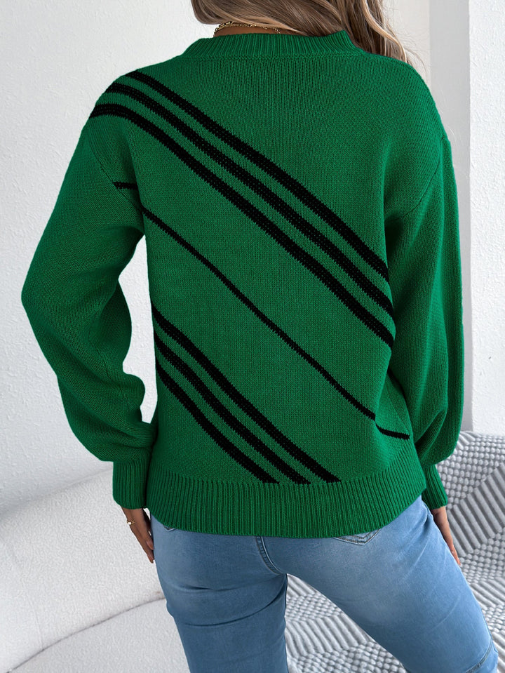 Damen Strickpullover mit Streifenmuster | Lässiger Pullover mit Rundhalsausschnitt, langen Ballonärmeln und bequemer Passform