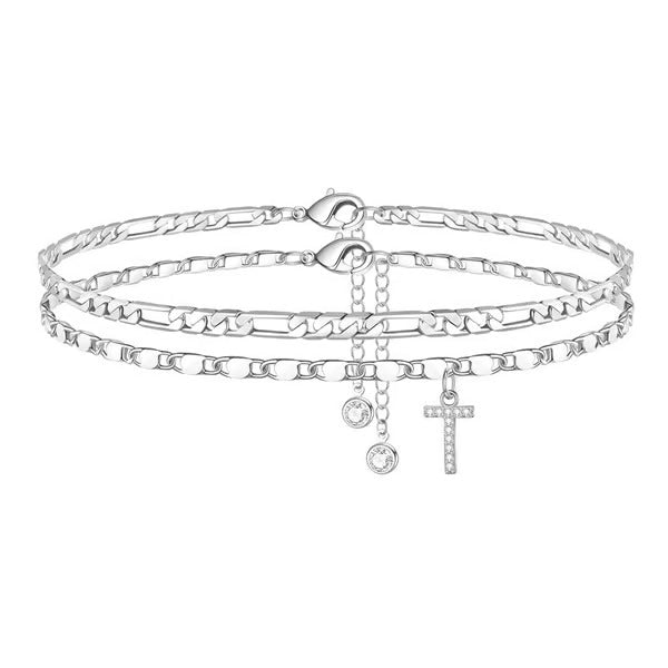 Chaîne de cheville lettres multicouches et réglable | Hypoallergénique, sans nickel ni plomb | Or/argent | 21,5 cm + 5 cm