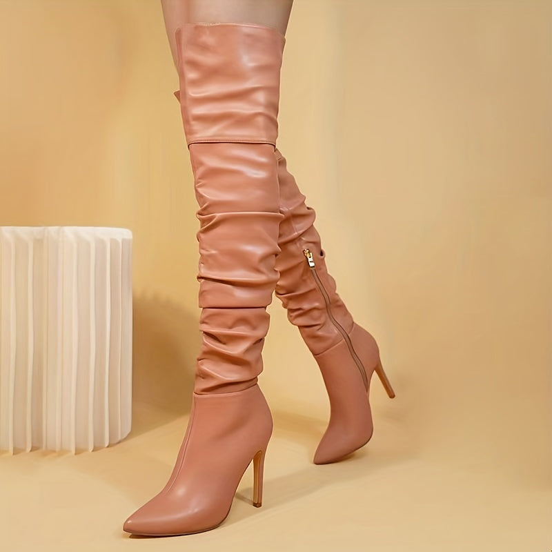 Damen Overknee Stiefel mit spitzer Zehenform und hohem Absatz | Hohe Stiefel mit seitlichem Reißverschluss für Freizeit und Events