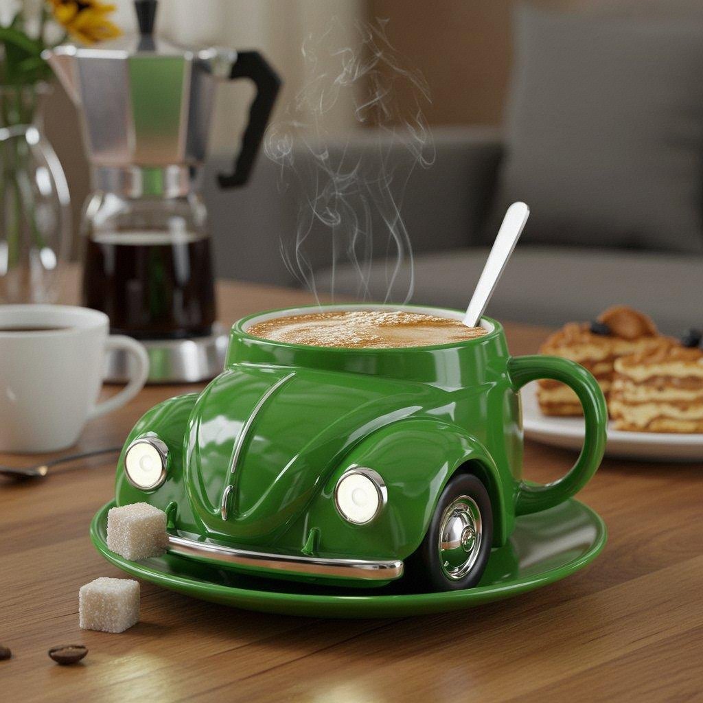 retro ceramic coffee cup in beetle design | hand-painted, detailed &amp; colorful | 325 ml for coffee &amp; tea | gift idea