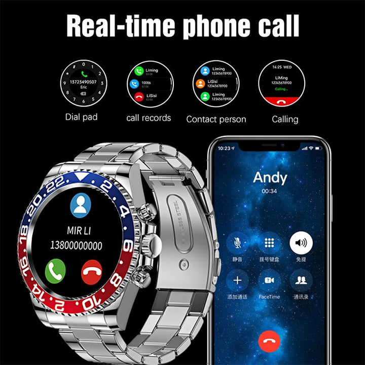 Montre connectée écran HD 1,28 pouce | Lunette rotative &amp; appels Bluetooth | Fréquence cardiaque, sommeil, modes sport, bracelet acier inoxydable