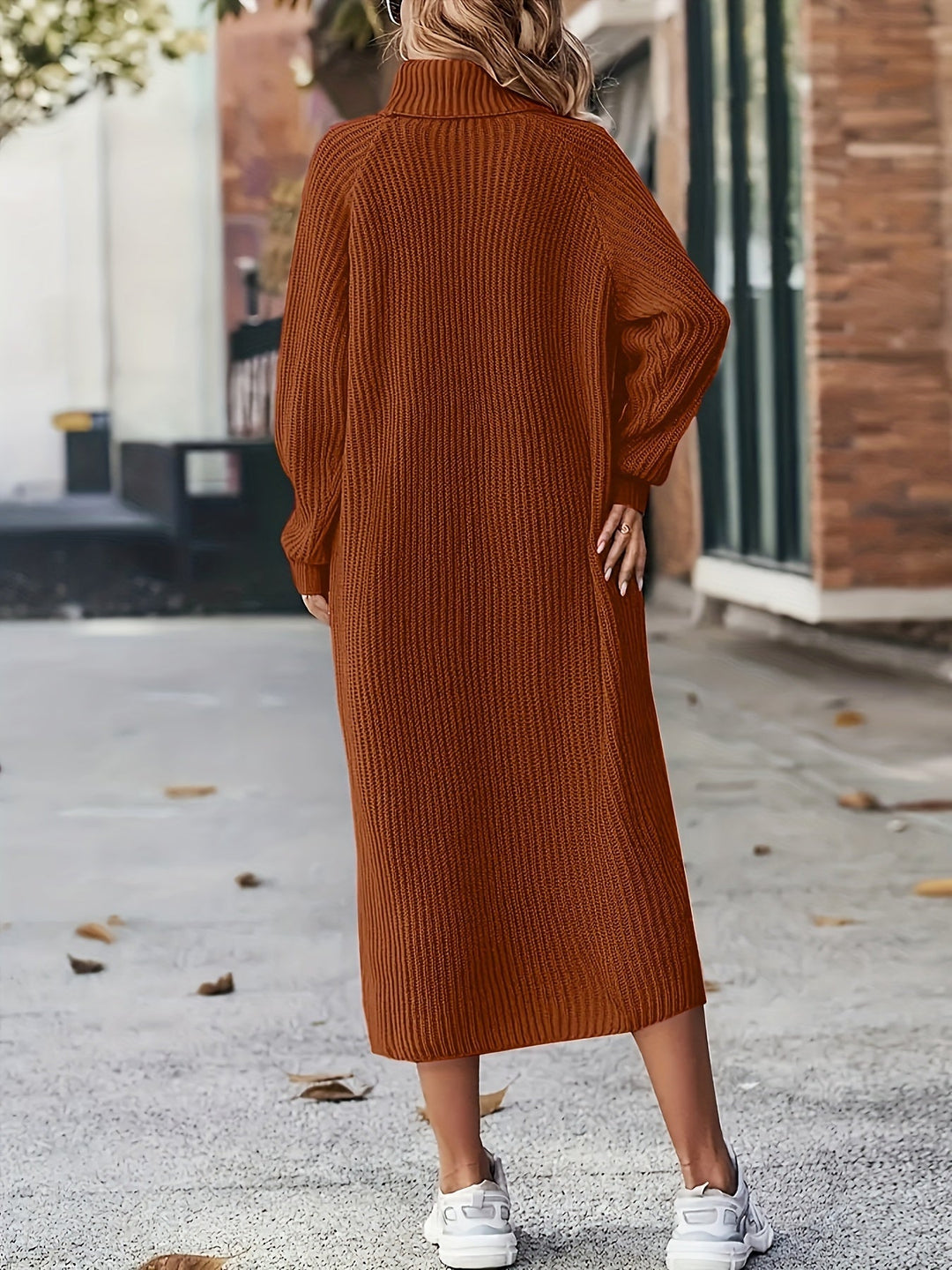 Damen Strickkleid Midi mit Rollkragen | Warmes Langarm-Pulloverkleid mit lockerer Passform und Raglanärmeln für Herbst und Winter