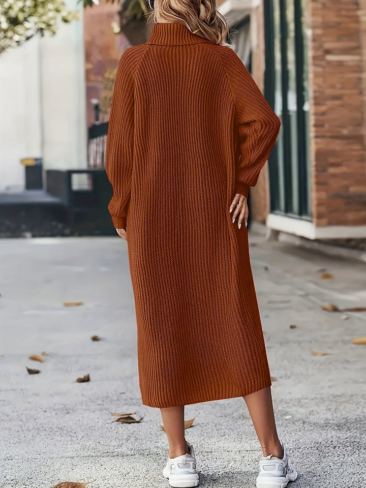 Damen Strickkleid Midi mit Rollkragen | Warmes Langarm-Pulloverkleid mit lockerer Passform und Raglanärmeln für Herbst und Winter