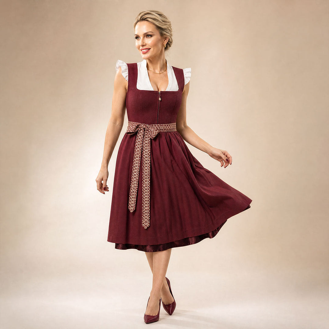 Damen Dirndl | Midi Trachtenkleid mit Perlen-Reißverschluss, gemusterter Schürze und 70 cm Rocklänge