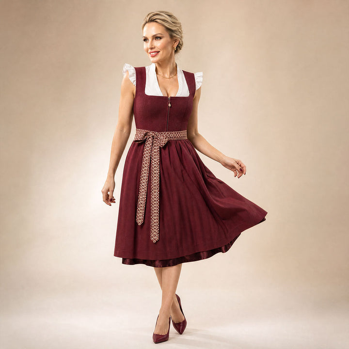 Damen Dirndl | Midi Trachtenkleid mit Perlen-Reißverschluss, gemusterter Schürze und 70 cm Rocklänge