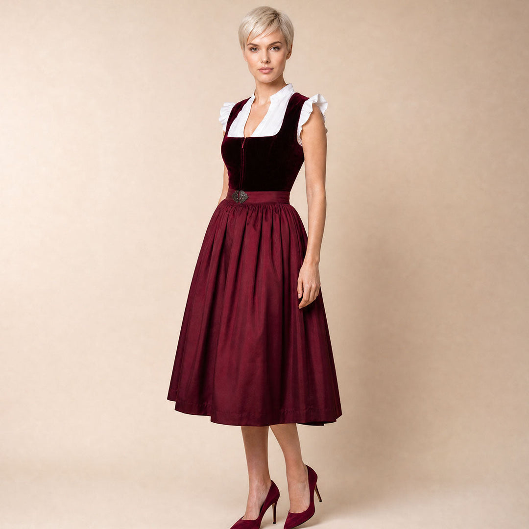 Damen Dirndl | Midi Trachtenkleid mit Samtmieder, Reißverschluss und 70 cm Rocklänge