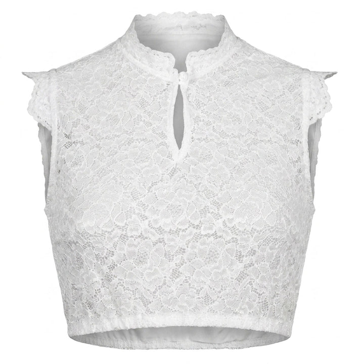 Damen Dirndlbluse Weiß | Spitzenbluse mit Blumenmuster, Stehkragen und Flügelärmeln