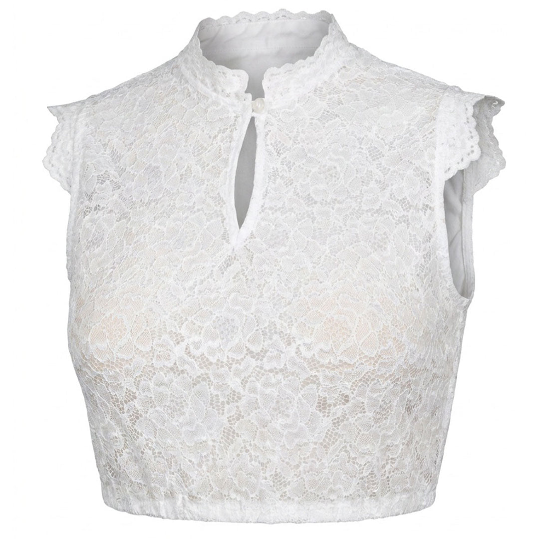 Damen Dirndlbluse Weiß | Spitzenbluse mit Blumenmuster, Stehkragen und Flügelärmeln