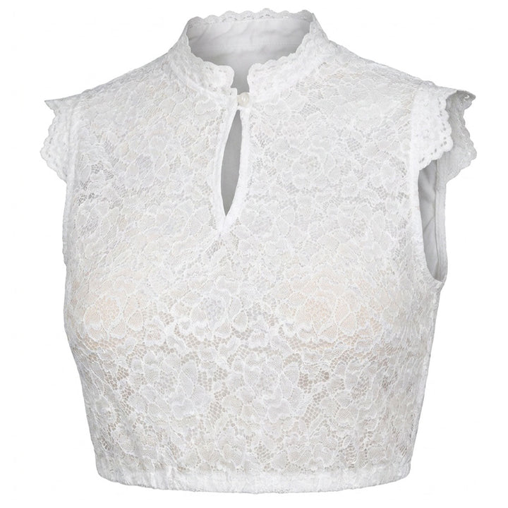 Damen Dirndlbluse Weiß | Spitzenbluse mit Blumenmuster, Stehkragen und Flügelärmeln