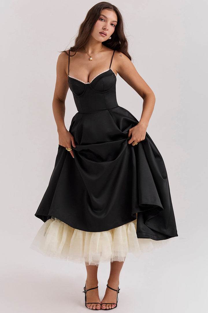 Damen Tüllkleid Elegant &amp; Feminin | Midikleid mit Verstellbaren Trägern | Romantisches Abendkleid für Hochzeiten &amp; Partys
