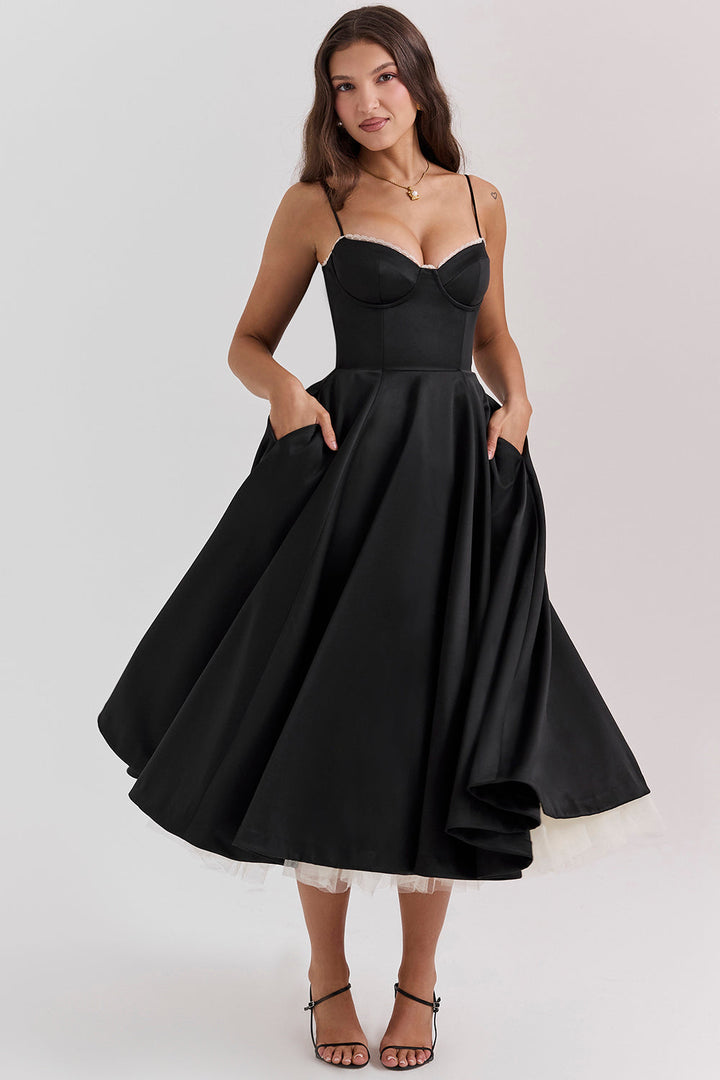 Damen Tüllkleid Elegant &amp; Feminin | Midikleid mit Verstellbaren Trägern | Romantisches Abendkleid für Hochzeiten &amp; Partys