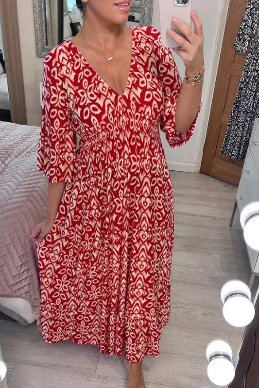 Boho Wickelkleid mit V-Ausschnitt | Taillenbetont &amp; fließend, atmungsaktiv | Polyester-Baumwoll-Mix | Größen S–5XL