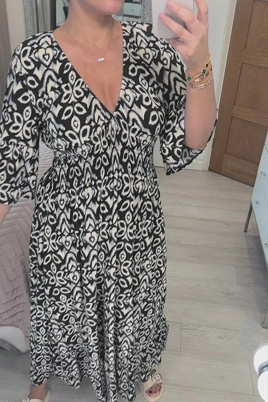 Boho Wickelkleid mit V-Ausschnitt | Taillenbetont &amp; fließend, atmungsaktiv | Polyester-Baumwoll-Mix | Größen S–5XL