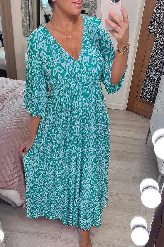 Boho Wickelkleid mit V-Ausschnitt | Taillenbetont &amp; fließend, atmungsaktiv | Polyester-Baumwoll-Mix | Größen S–5XL
