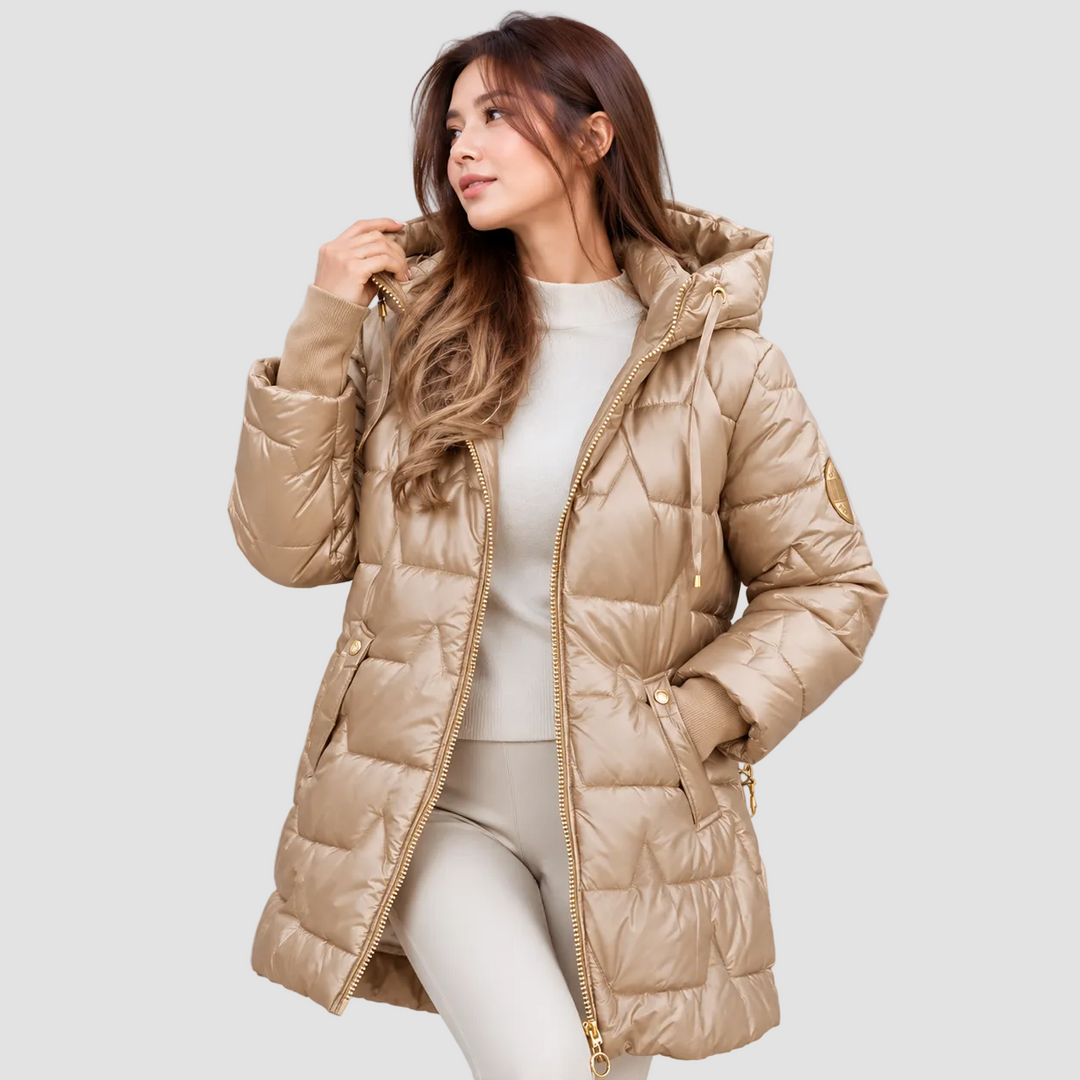 Damen Steppjacke lang mit Kapuze und Kordelzug | Winterjacke mit Reißverschluss und Seitentaschen für Herbst und Alltag