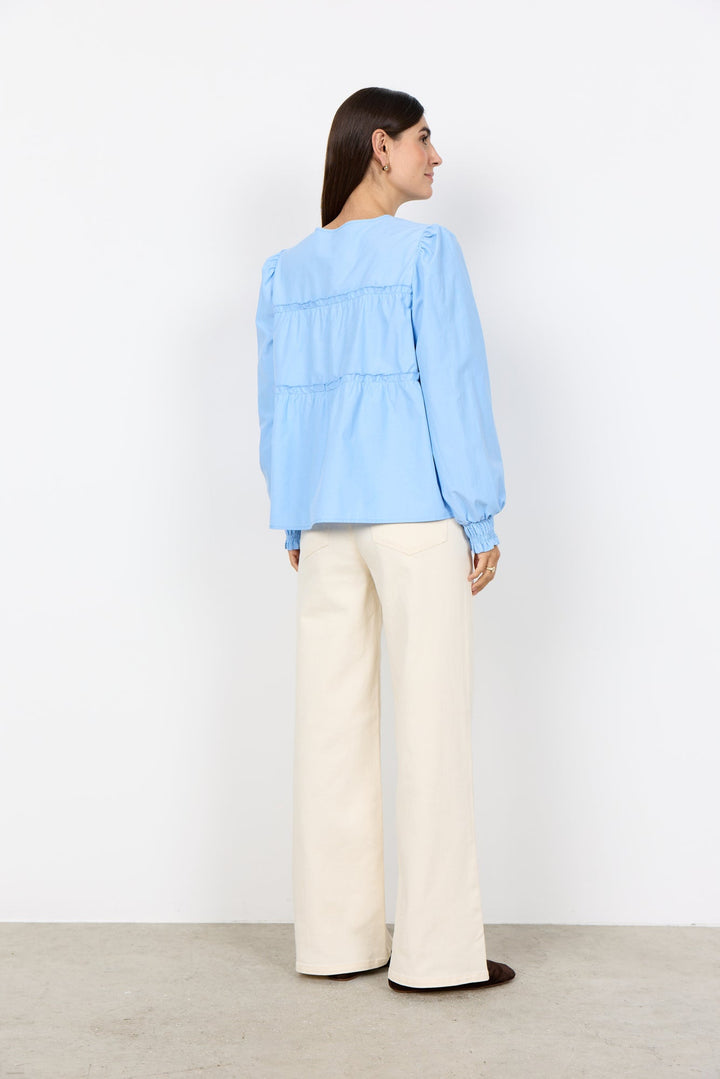 Damen Bluse | Bluse mit Rundhalsausschnitt, Rüschendetails und elastischen Manschetten