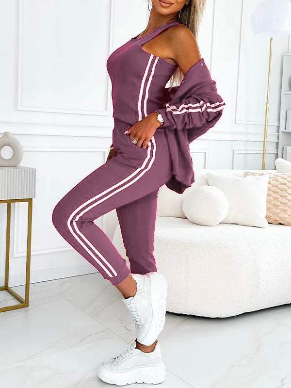 Damen 3-teiliges Set mit Baseballjacke, Racerback Top &amp; Jogginghose | Wärmend &amp; atmungsaktiv | Seitenstreifen Look | S–5XL
