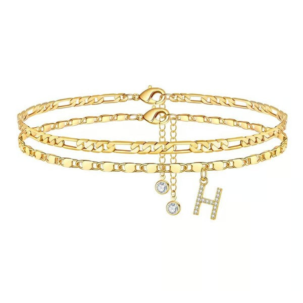 Chaîne de cheville lettres multicouches et réglable | Hypoallergénique, sans nickel ni plomb | Or/argent | 21,5 cm + 5 cm
