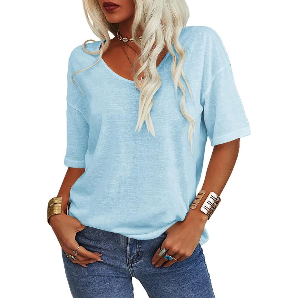 Damen V-Ausschnitt T-Shirt mit längeren Ärmeln | Lockerer Schnitt, blickdicht &amp; luftig | Sommer Shirt S–5XL