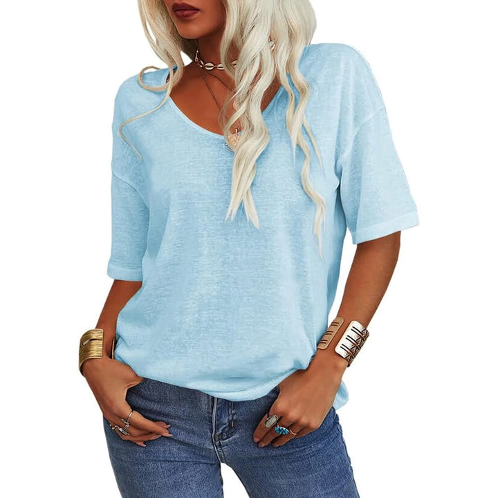 Damen V-Ausschnitt T-Shirt mit längeren Ärmeln | Lockerer Schnitt, blickdicht &amp; luftig | Sommer Shirt S–5XL