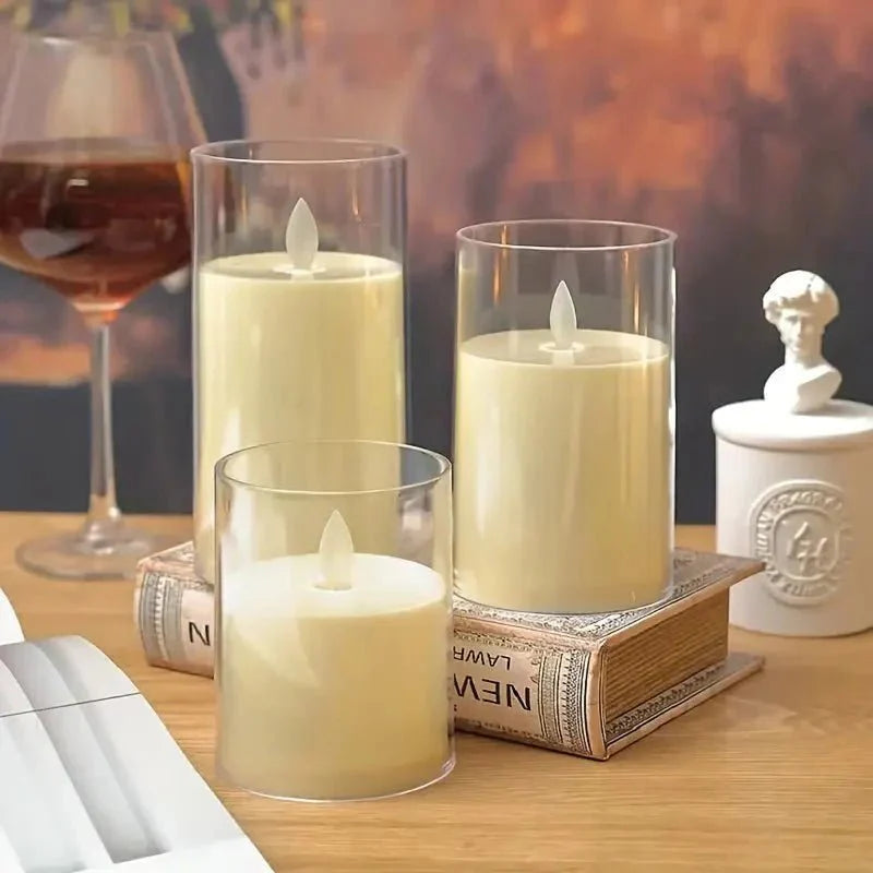 LED Kerzen im Glas 3er Set mit Fernbedienung | Stufenlos dimmbar mit Timer | Transparent, Rauchgrau oder Bernstein