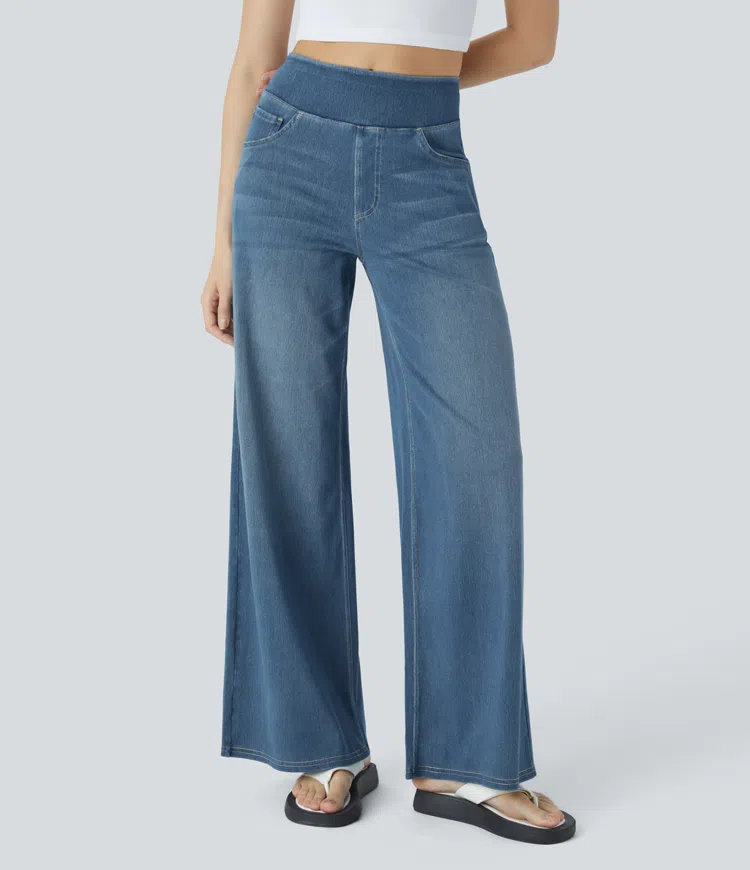 Damen Jeans High Waist Wide Leg | Vier-Wege-Stretch &amp; ohne Reißverschluss | Bequem, formend &amp; mit Taschen, XS–5XL