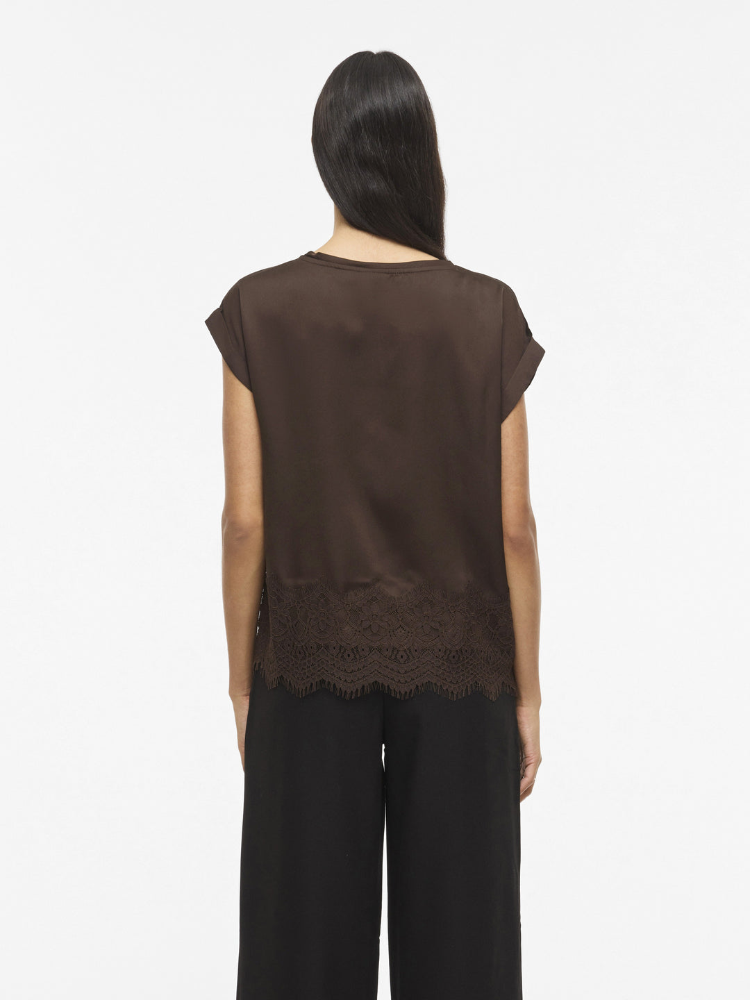 Damen Bluse | Kurzarmbluse mit Rundhalsausschnitt, Spitzensaum und weich fallender Optik