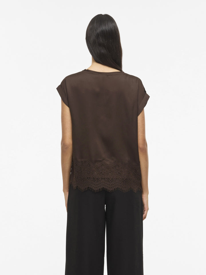 Damen Bluse | Kurzarmbluse mit Rundhalsausschnitt, Spitzensaum und weich fallender Optik