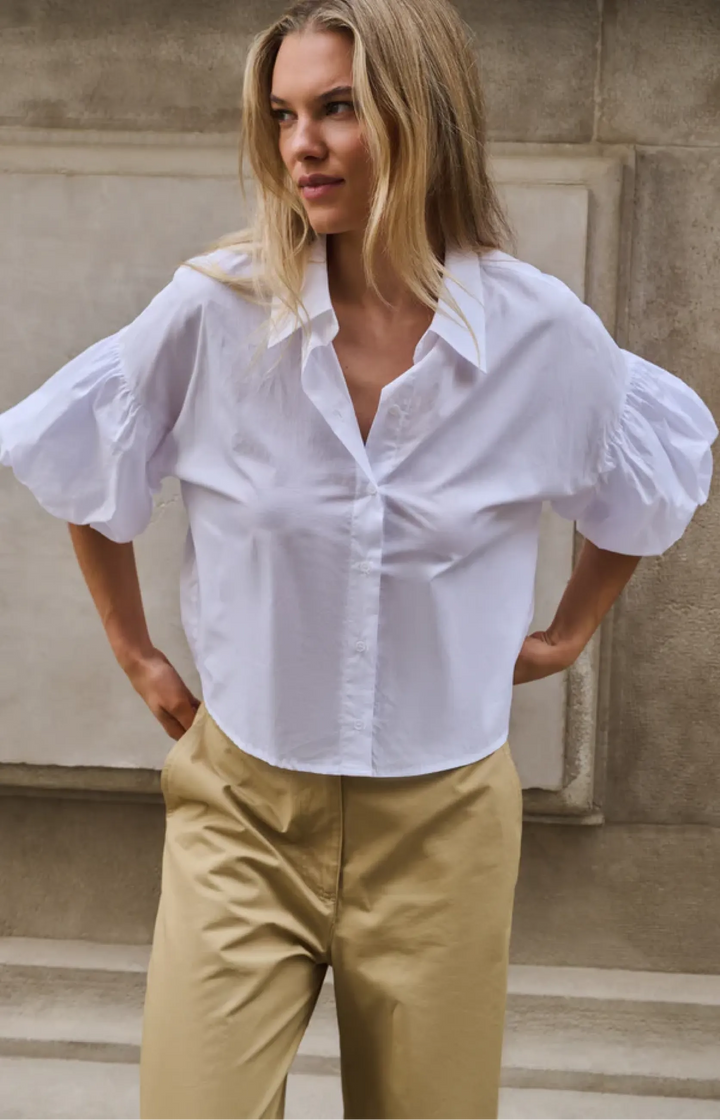 Damen Bluse | Oversize-Bluse mit kurzen Ballonärmeln, Kragen und Knopfleiste