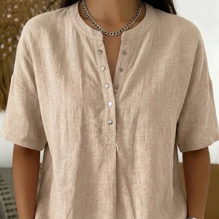 Damen Leinenpullover aus Baumwoll-Leinen-Mix | Lockeres Langarmshirt mit Knopfausschnitt | Leicht &amp; Atmungsaktiv