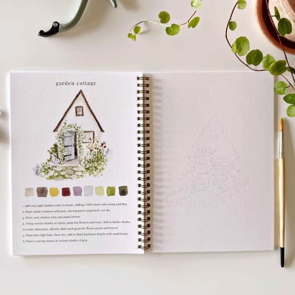 Cahier de travail aquarelle pour débutants | 12 motifs avec guide étape par étape | Papier 120 lb, 6,5"×9", mélange et peinture