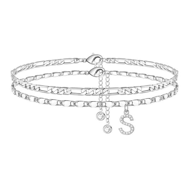Chaîne de cheville lettres multicouches et réglable | Hypoallergénique, sans nickel ni plomb | Or/argent | 21,5 cm + 5 cm