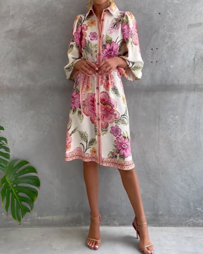 Damen A-Linien Kleid mit Print | Knielanges Kleid mit Reverskragen &amp; Laternenärmeln | Elegant für Frühling &amp; Sommer