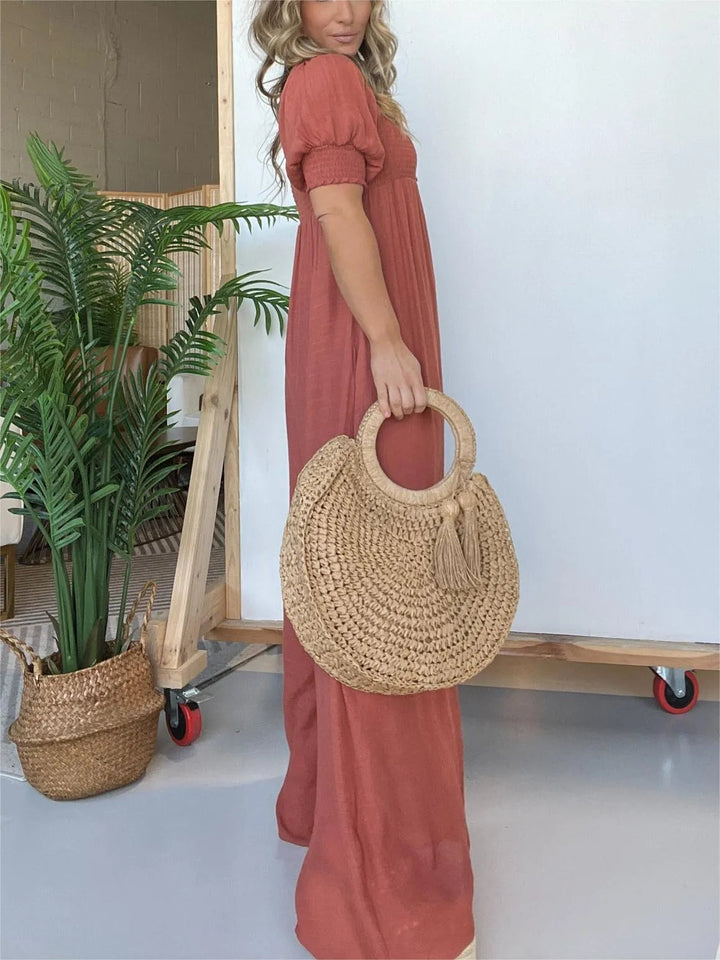 Damen Jumpsuit mit quadratischem Ausschnitt | gesmocktes Oberteil &amp; Taschen | locker-lässig, Coco-Muster | ideal für Sommer &amp; Urlaub