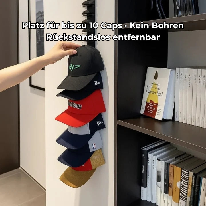 Cap Organizer Wandhalter für bis zu 10 Caps | Selbstklebender Kappenhalter ohne Bohren | Platzsparende Aufbewahrung | Schwarzes Design