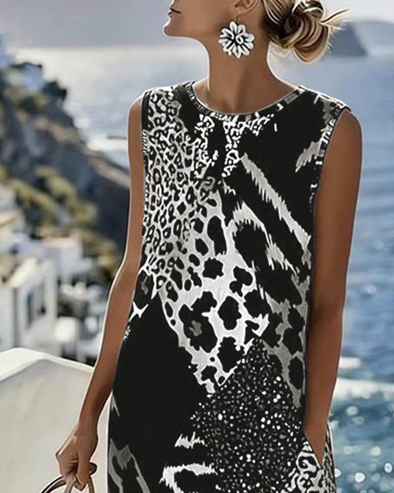 Damen Midi Kleid mit Leopardenmuster | Ärmelloses Shiftkleid aus Baumwollmischung | Luftiger Sommer-Look