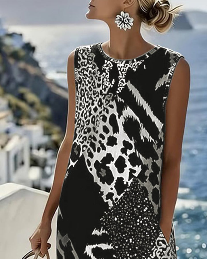 Damen Midi Kleid mit Leopardenmuster | Ärmelloses Shiftkleid aus Baumwollmischung | Luftiger Sommer-Look