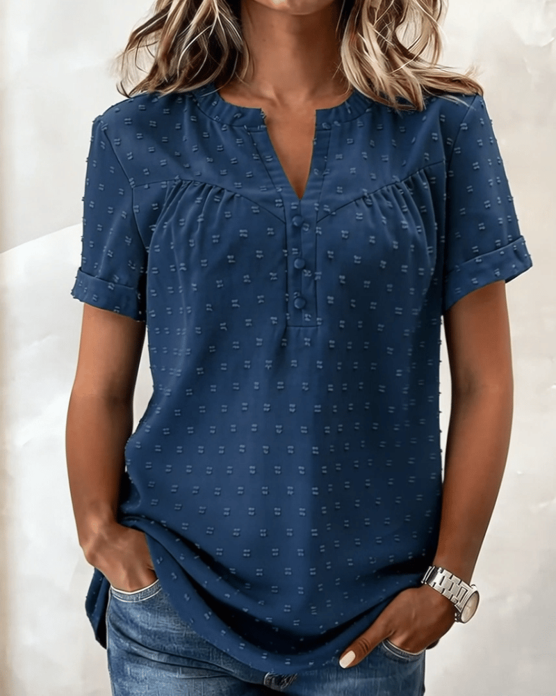 Damen Bluse mit V-Ausschnitt | Lockeres Kurzarm-Shirt aus Baumwollmischung | Leichte Sommerbluse für Alltag &amp; Freizeit