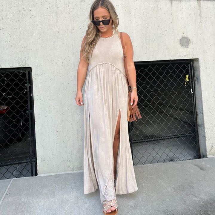 Damen Maxikleid mit Schlitz | luftiges Sommer Tankkleid mit Empire-Taille | Stufenrock &amp; Spitzensaum | locker fallend