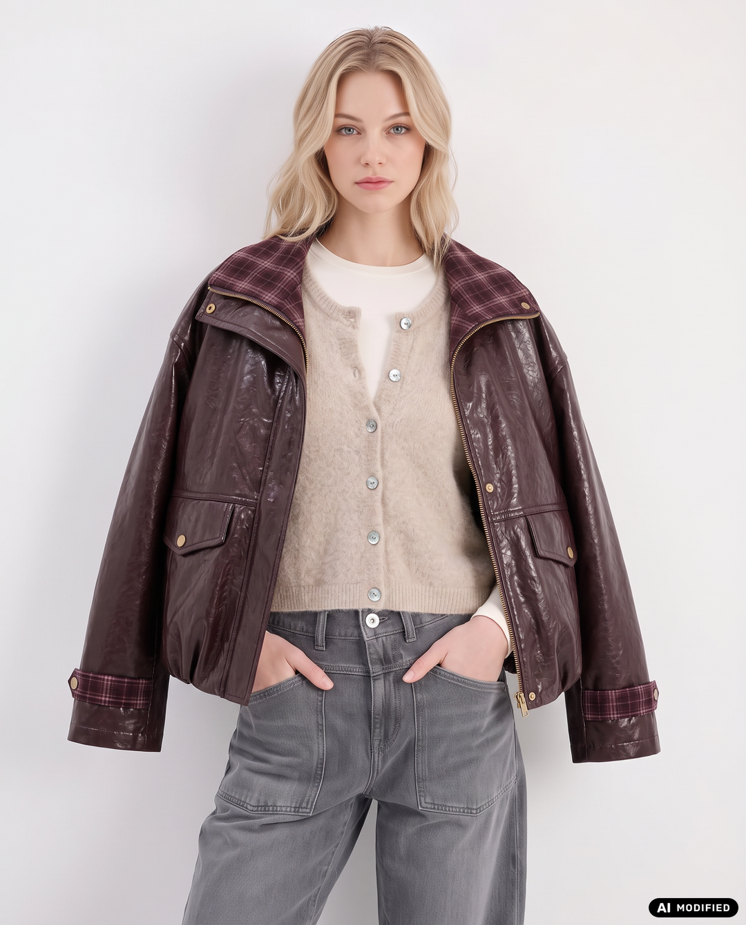 Damen Kunstlederjacke | Lässige Jacke mit Karokragen, Reißverschluss und Pattentaschen