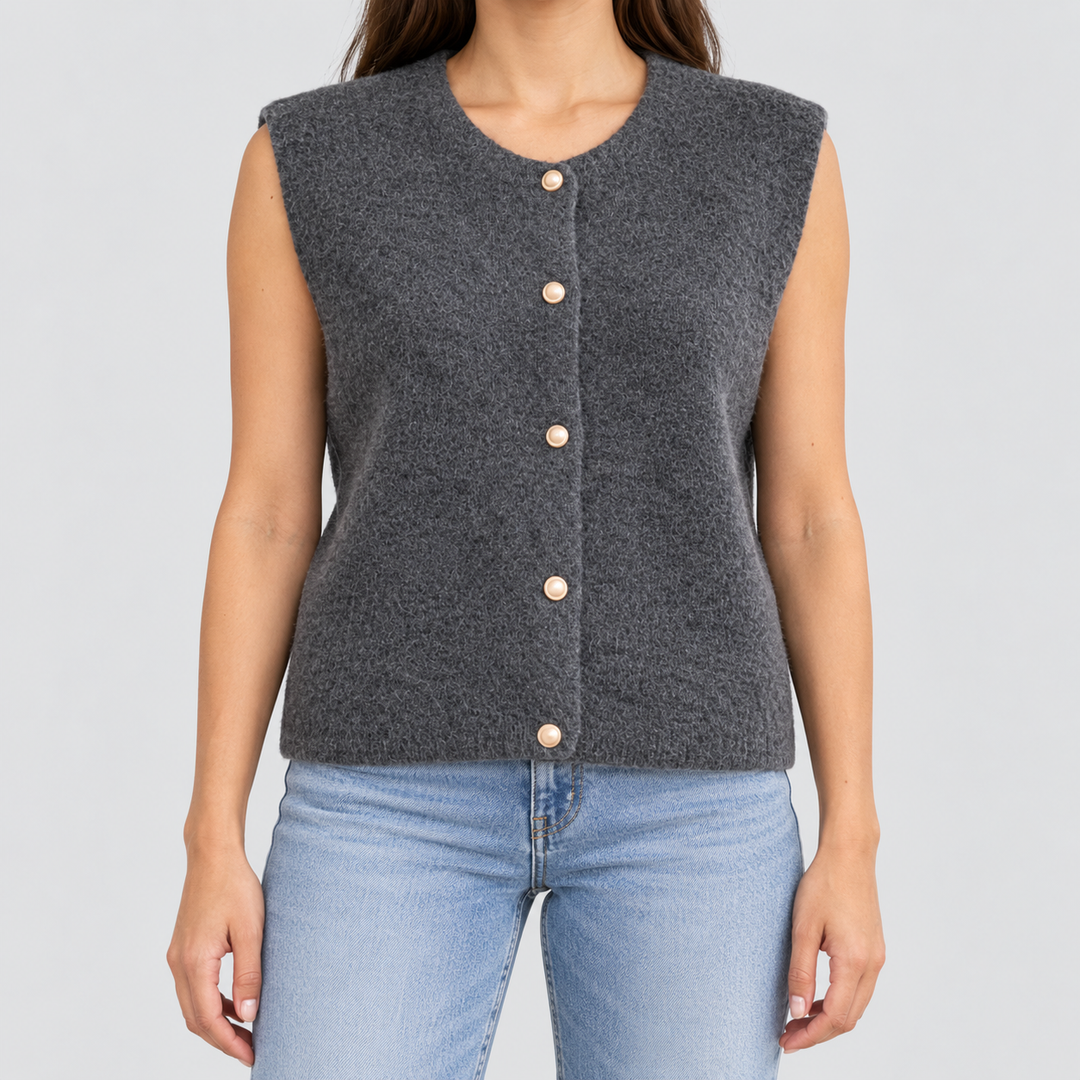 Damen Strickweste ärmellos mit Rundhalsausschnitt | Strukturierte Weste mit Knopfleiste und geradem Saum für vielseitige Looks