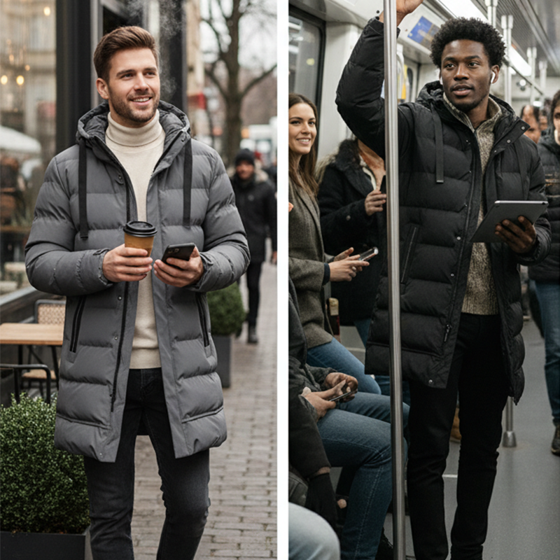 Winter Steppjacke Herren | Winddicht mit Kapuze &amp; verlängerter Passform für kalte Tage