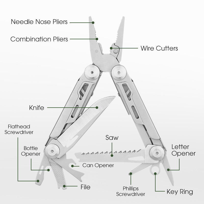 Multitool pliable 12-en-1 avec pince | compact pour quotidien, maison et extérieur | acier inoxydable 3Cr13, résistant à la rouille | verrouillable