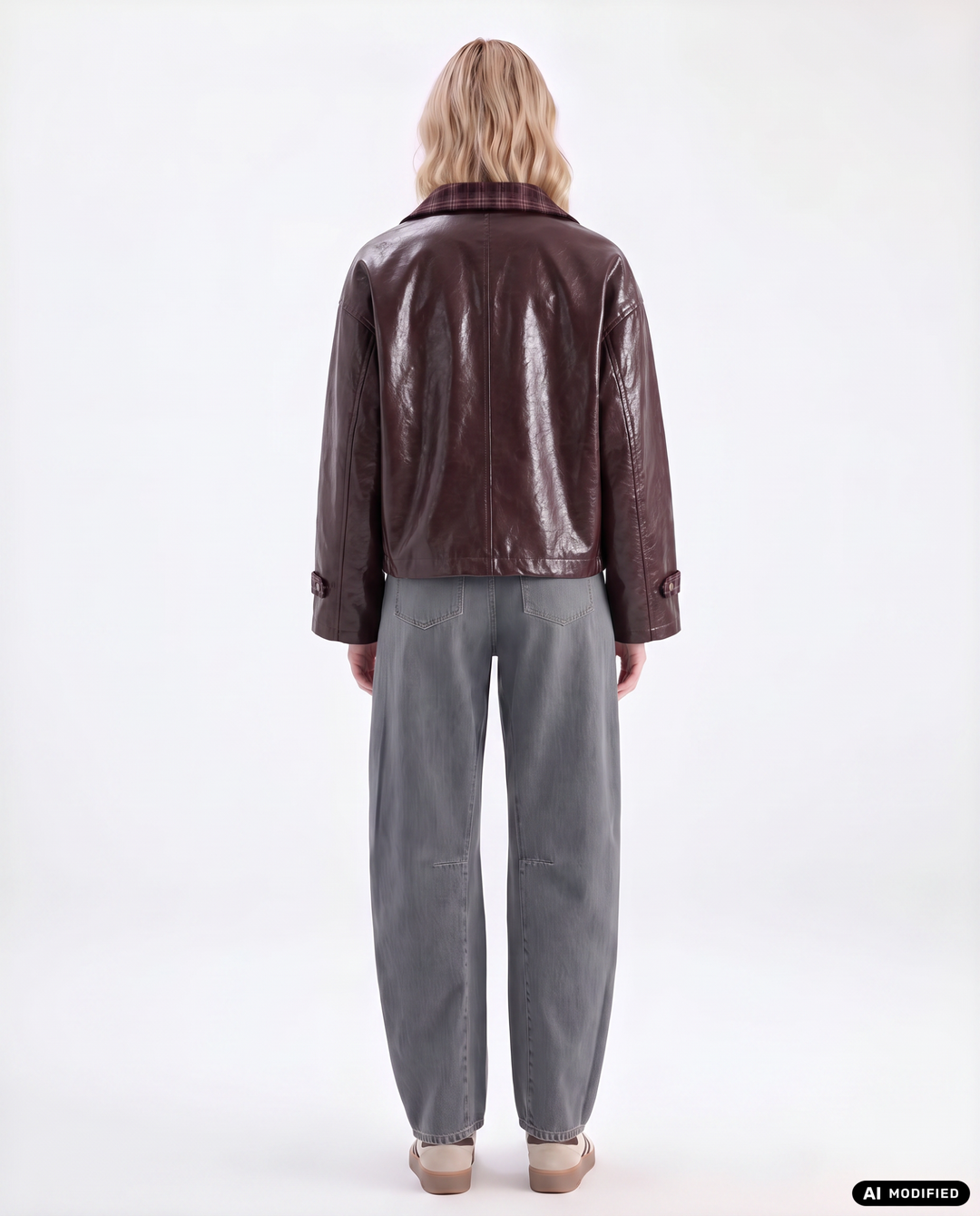 Damen Kunstlederjacke | Lässige Jacke mit Karokragen, Reißverschluss und Pattentaschen