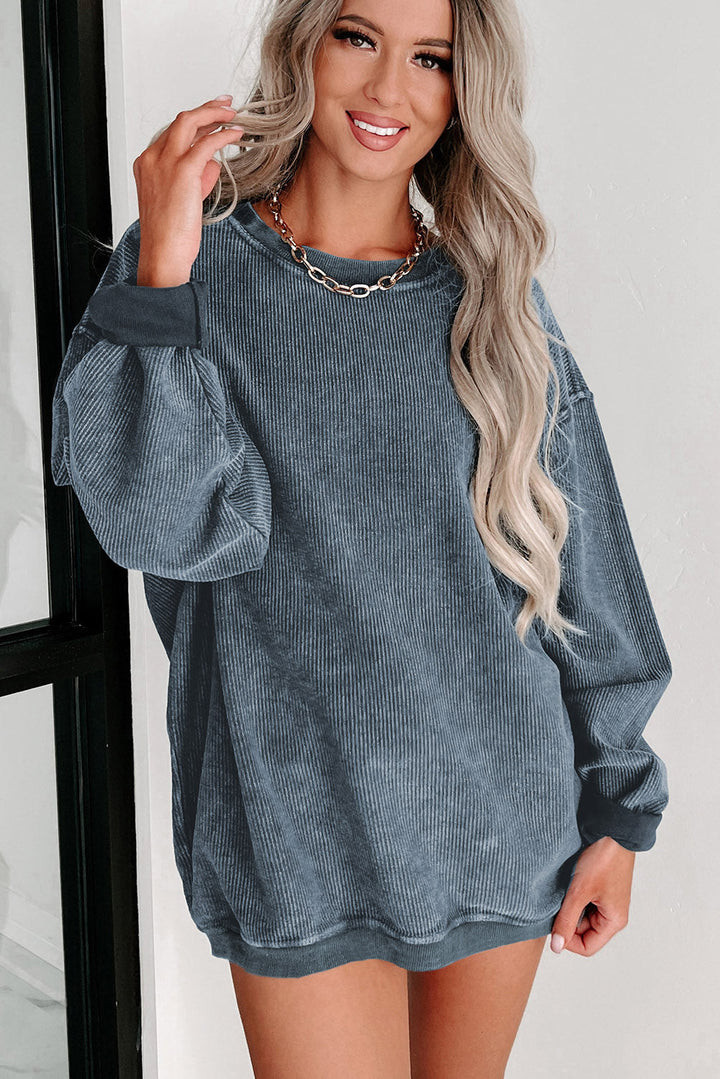 Damen Rippstrickpullover Blau mit Rundhalsausschnitt | Langer Pullover mit lockerer Passform und langen Ärmeln | Größen S–3XL
