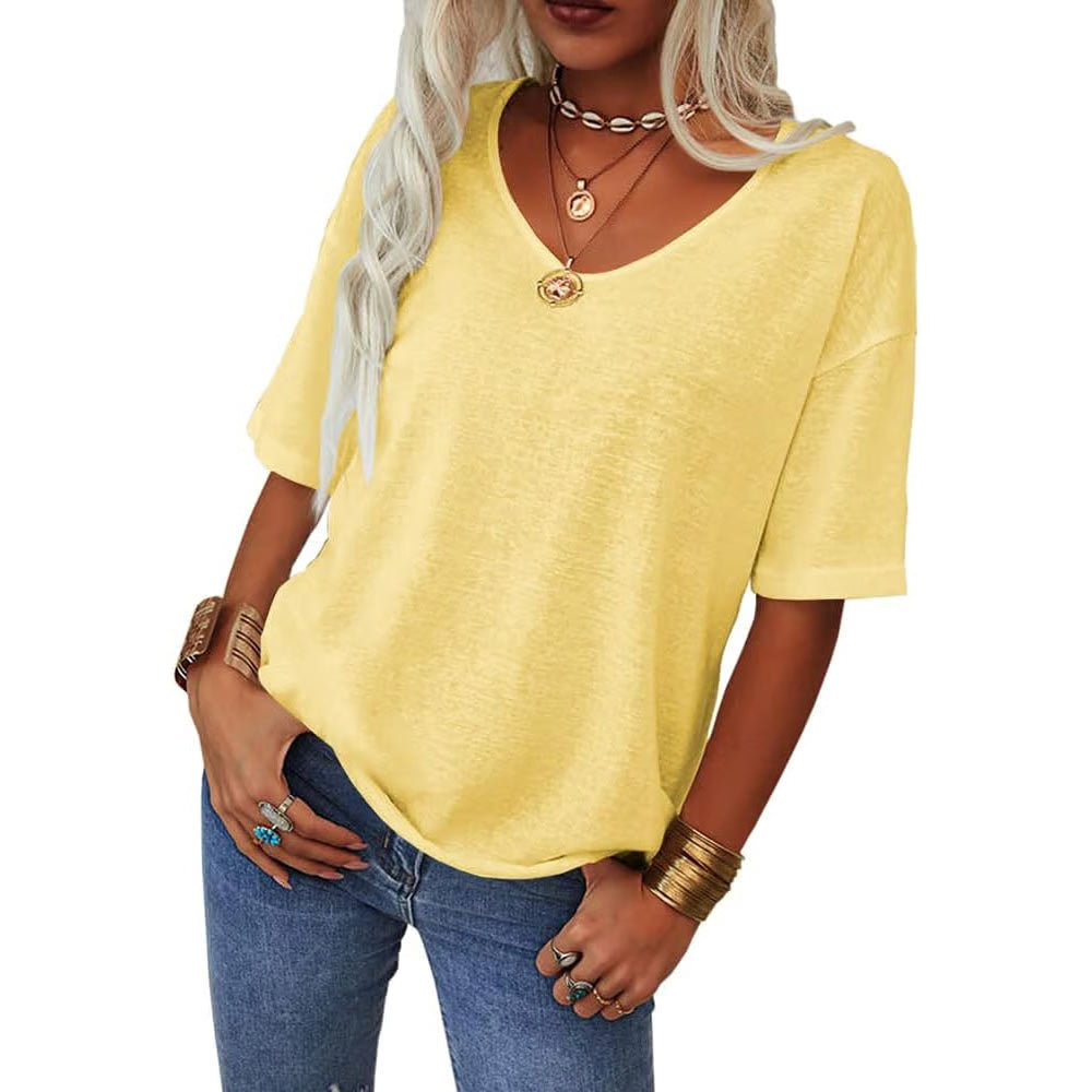 Damen V-Ausschnitt T-Shirt mit längeren Ärmeln | Lockerer Schnitt, blickdicht &amp; luftig | Sommer Shirt S–5XL