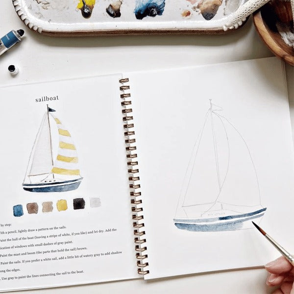 Cahier de travail aquarelle pour débutants | 12 motifs avec guide étape par étape | Papier 120 lb, 6,5"×9", mélange et peinture