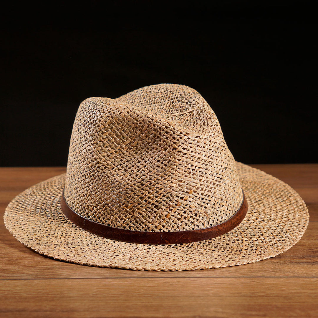 Herren Strohhut Natur | Fein geflochtener Trachtenhut mit braunem Lederband, Schnalle und breiter Krempe